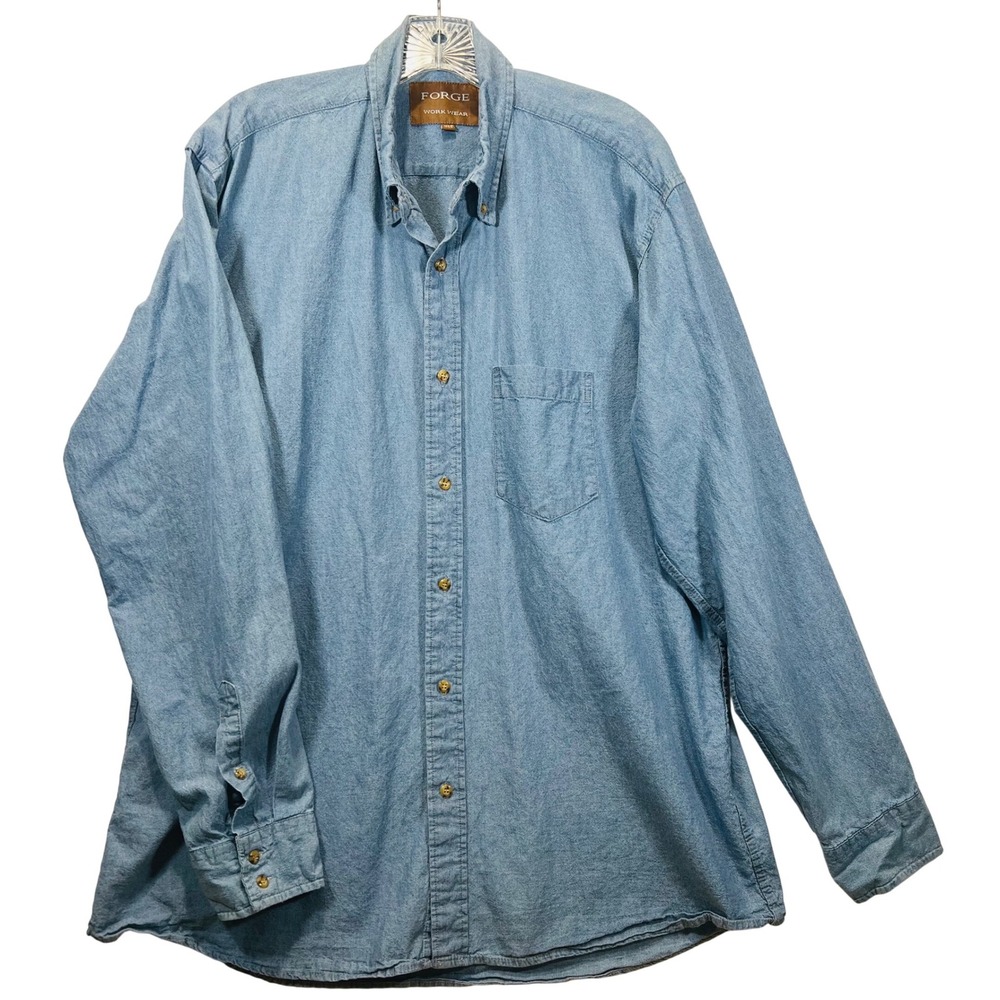 Forge Workwear Mens Blue Denim Long Sleeve Button Down Shirt XL TALL